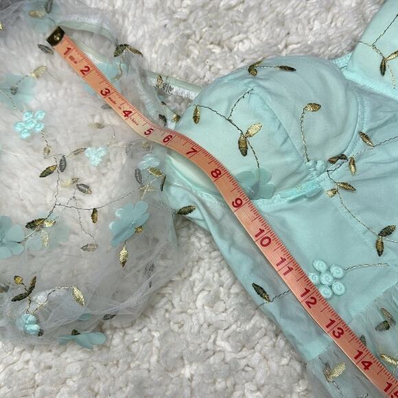 Aqua Floral Whimsical Flower Balloon Bubble Sleeves Girly MIDI Dress R5 - Picture 7 of 11